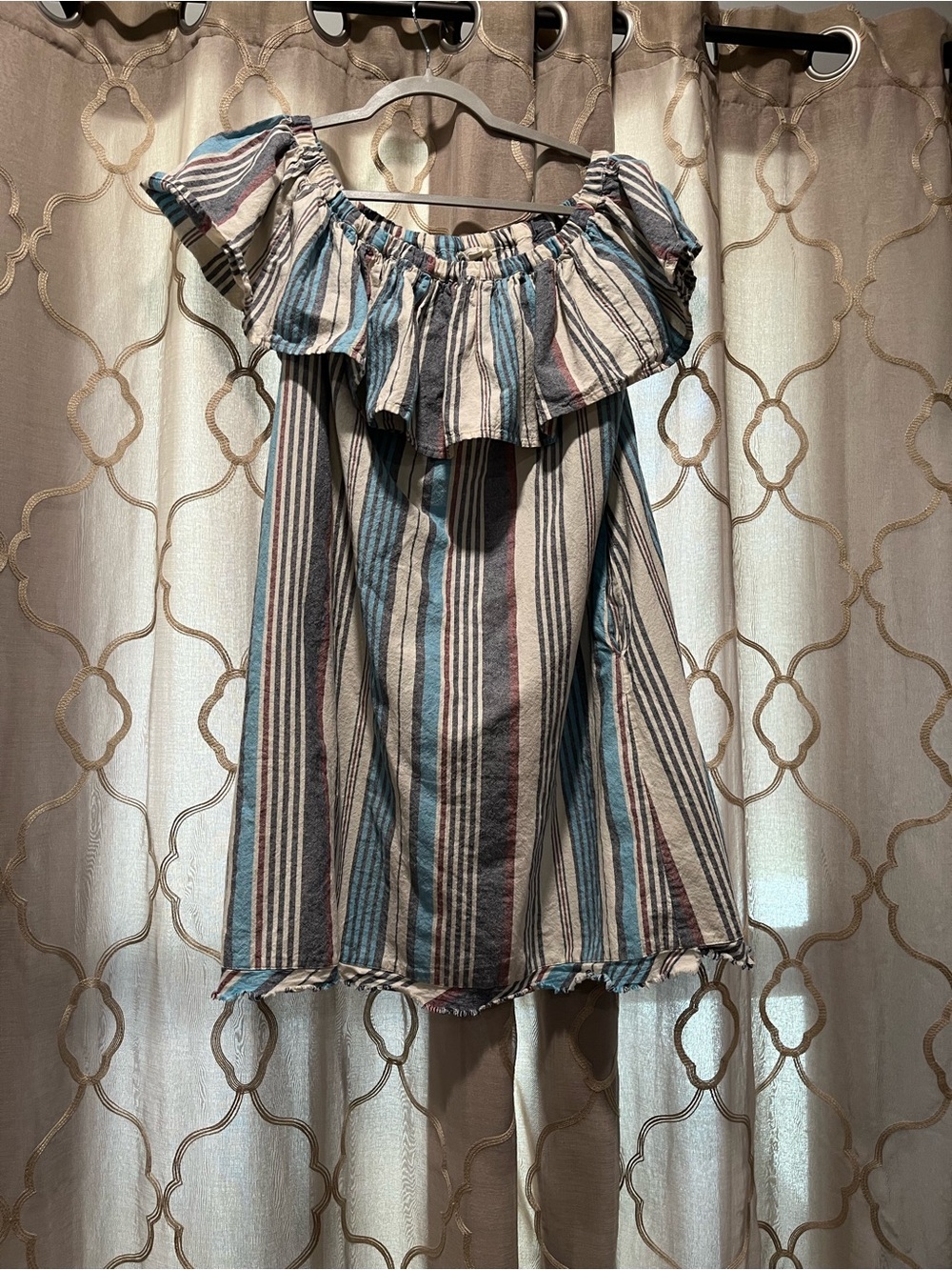 easel Striped Off-Shoulder Casual Dress in Blue, Cream & Red